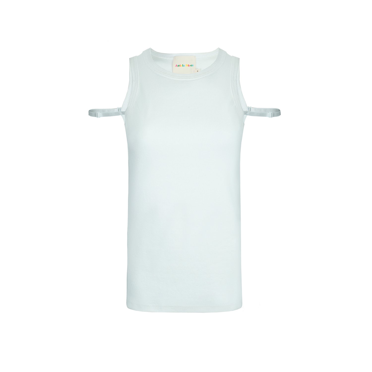 Close-up of the tank top's removable bra straps, highlighting their practicality and adaptability