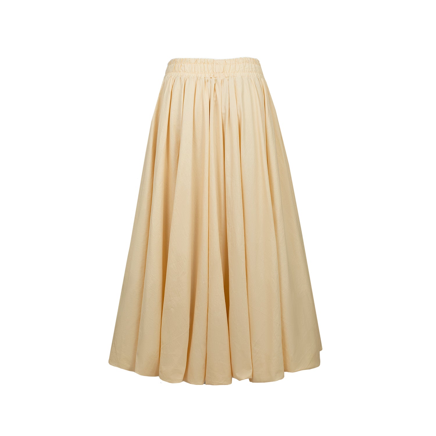 Back view of balloon skirt with practical pockets and elastic waistband