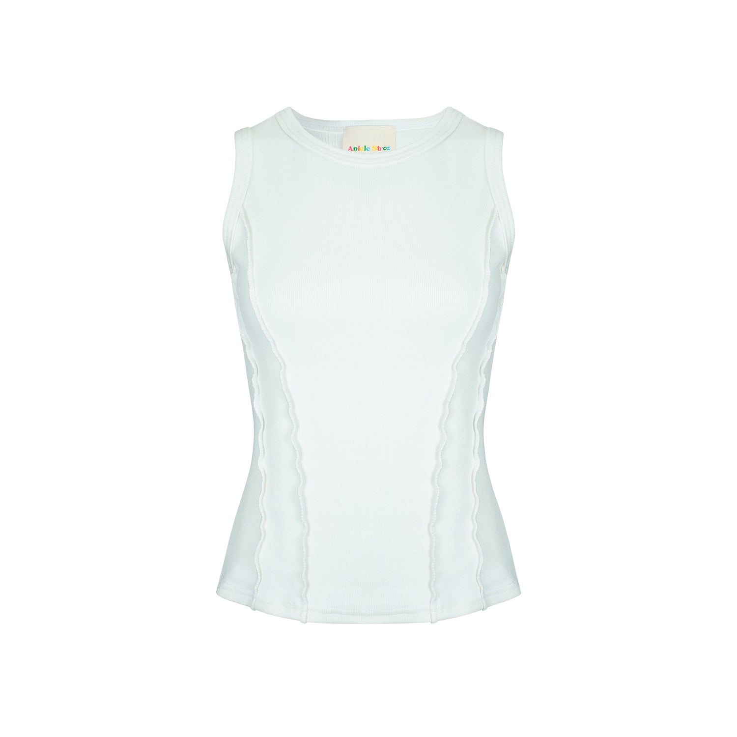 Close-up view of the ribbed tank top's front seams, highlighting the corset-like illusion and edgy design