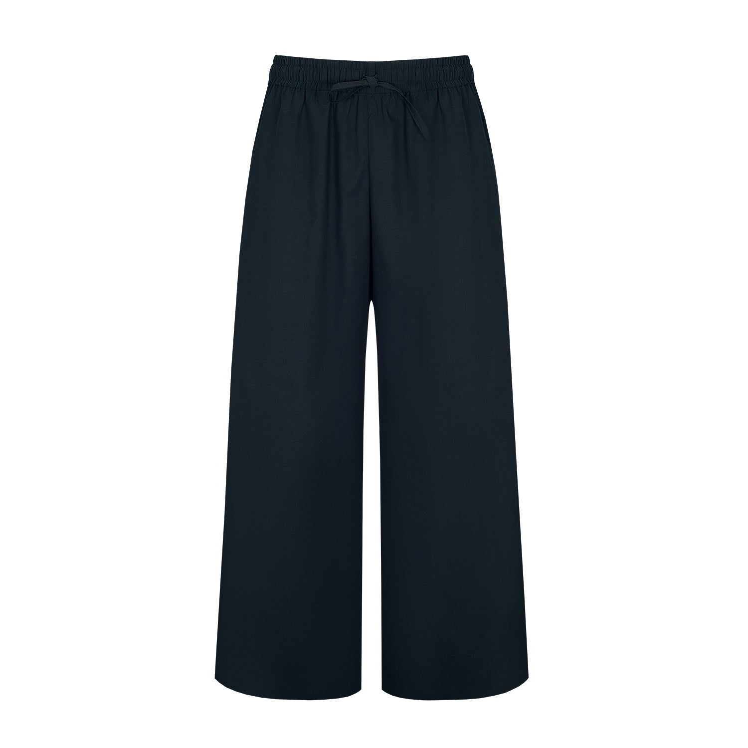 Close-up view of black cotton wide-leg pants, showcasing the smooth front design and elastic waistband for a snug fit