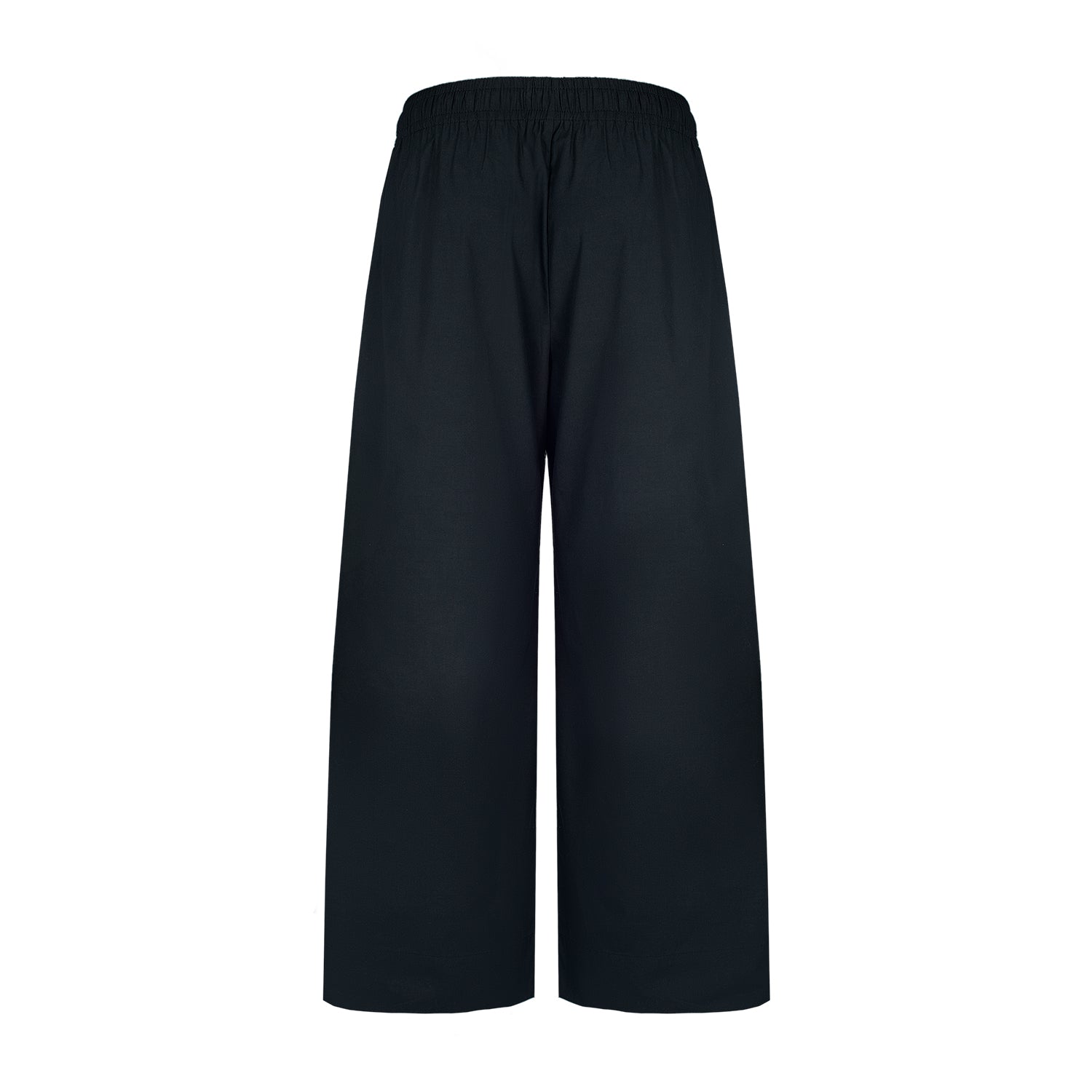 Close-up view of the back of black cotton wide-leg pants, highlighting the clean and simple design with an elastic waistband for added comfort
