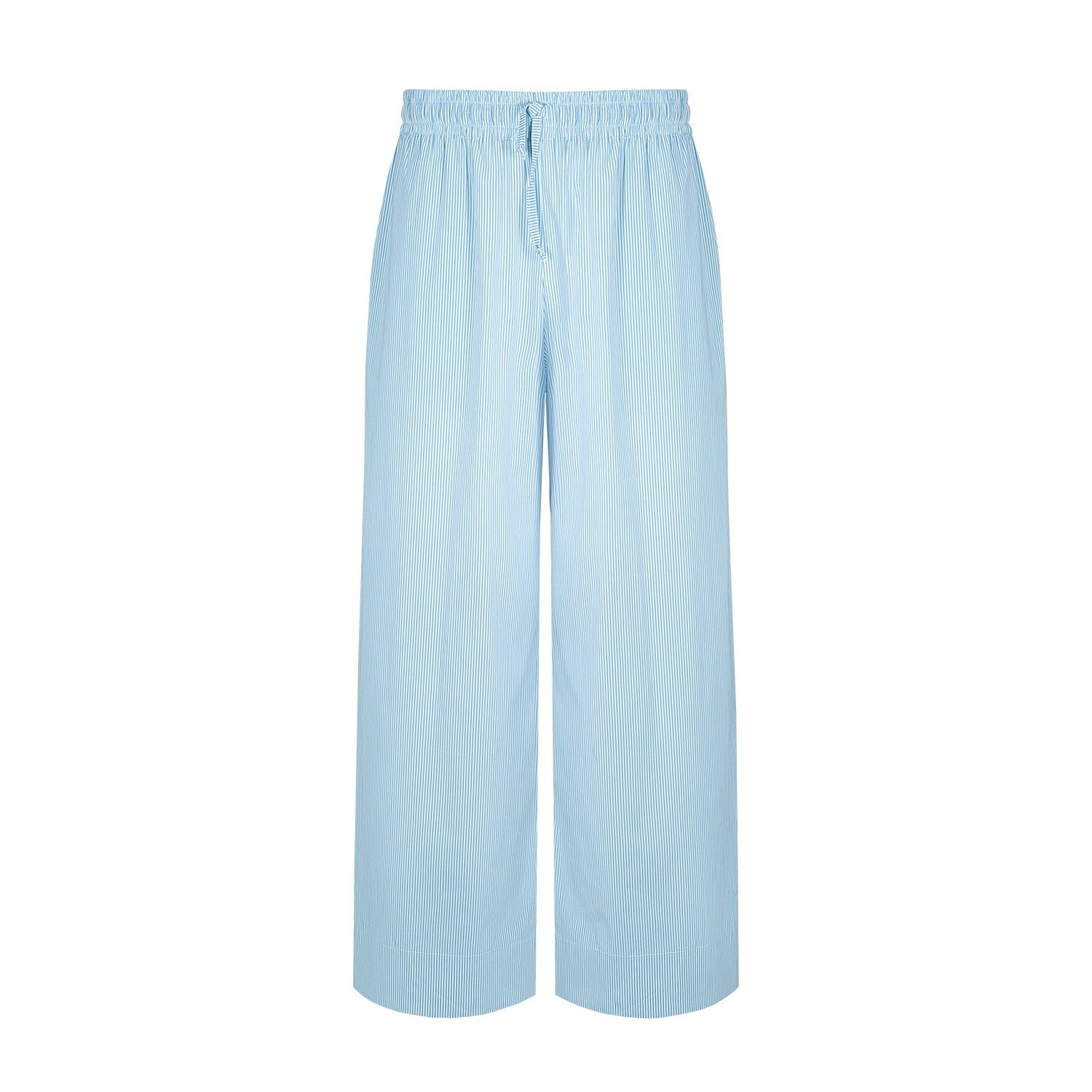 Close-up view of blue striped cotton wide-leg pants, highlighting the elastic waistband and modern striped pattern for a trendy look