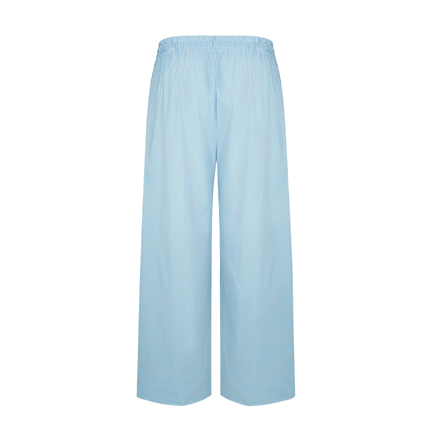 Close-up view of the back of blue striped cotton wide-leg pants, emphasizing the casual yet stylish design with an elastic waistband for comfort