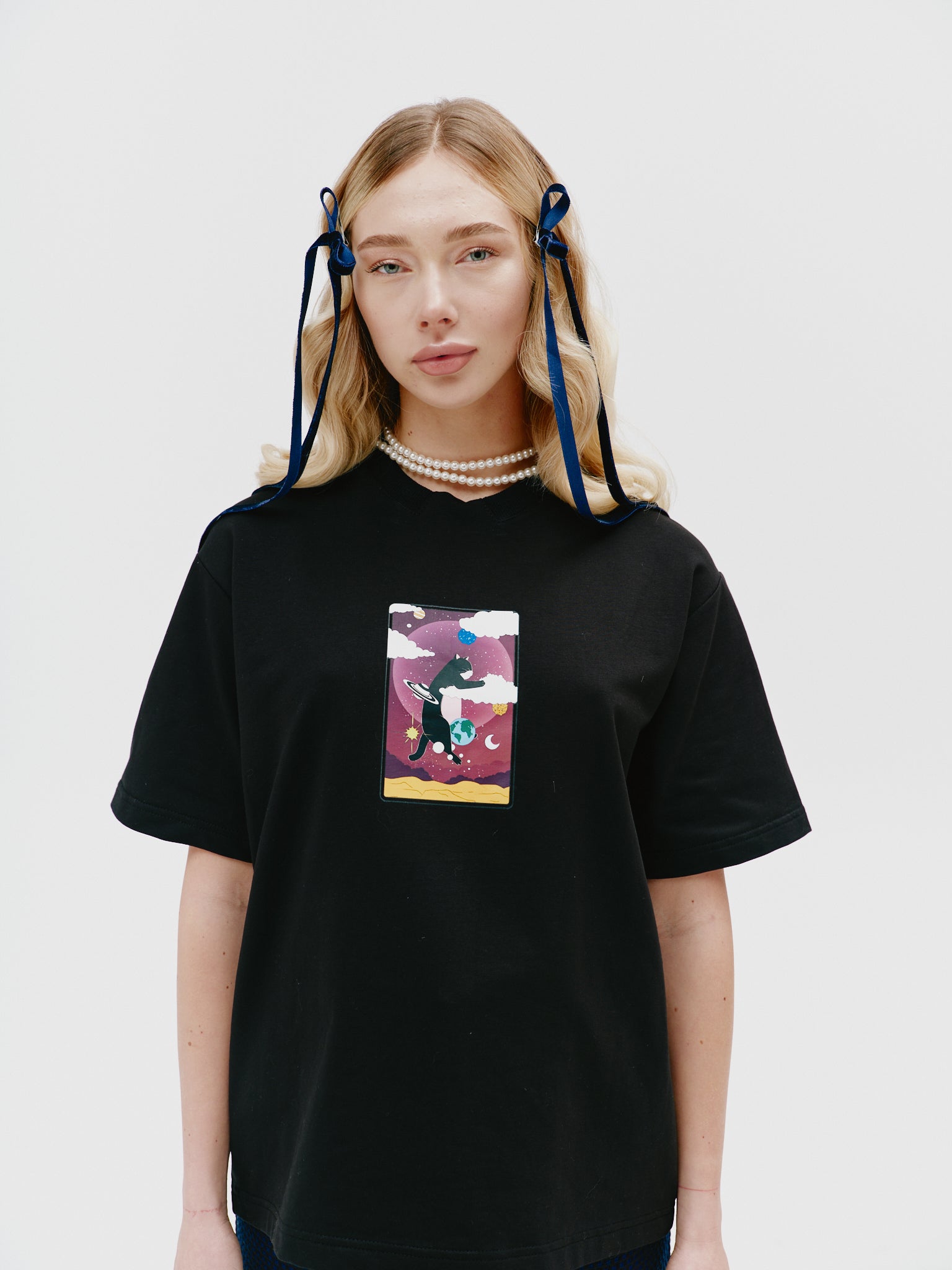 Unisex cotton t-shirt featuring a Tarot card print from 'The Moon' collection, showcasing mystical and celestial imagery with a unique stand-up collar for added sophistication