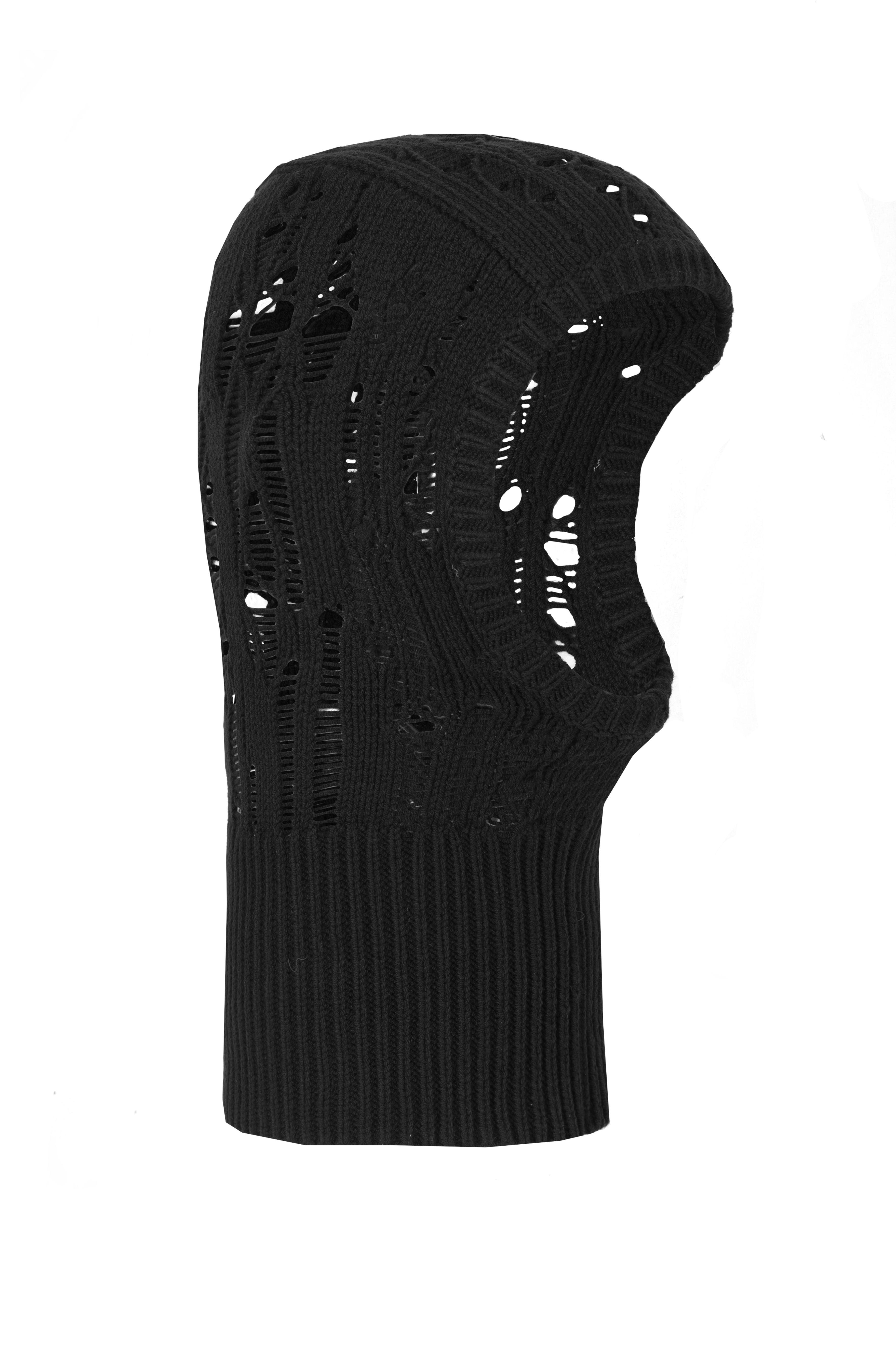 Side view of the balaclava, highlighting the detailed interweaving of fabrics and modern construction