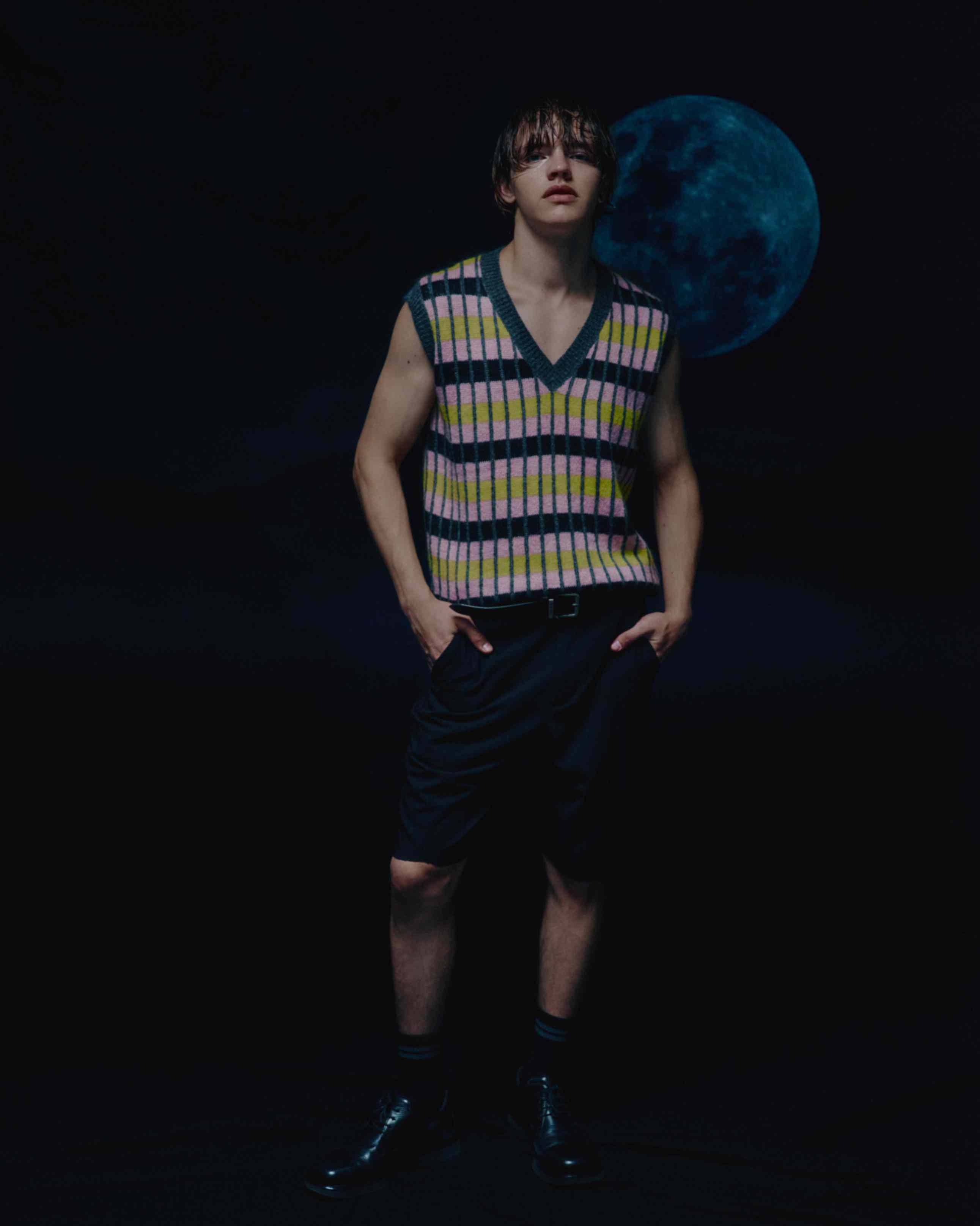 Model wearing the kid mohair vest with jeans, demonstrating how it pairs effortlessly with casual outfits